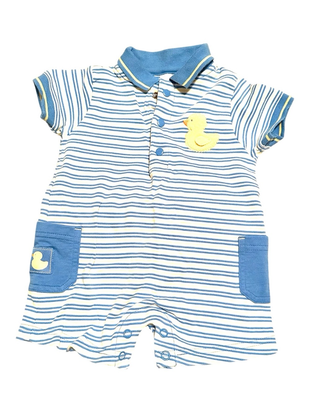 Carters Blue & White Striped Baby Romper with Yellow Duck-Size 3 Months